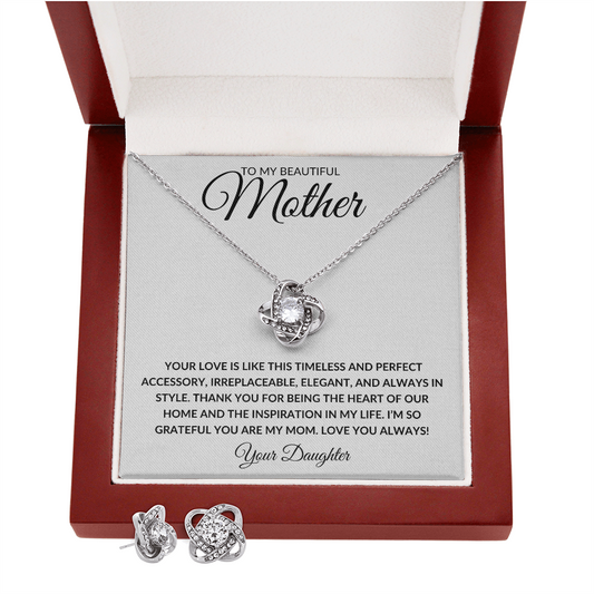 To My Beautiful Mother | Mother's Day Love Knot Necklace  & Earring Set