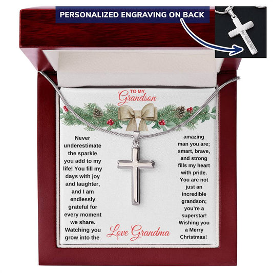 To My Grandson | You Fill My Days with Joy Engraved Stainless Steel Cross Necklace