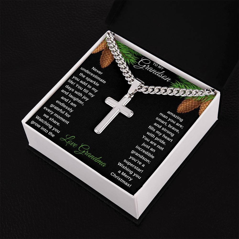 To My Grandson | The Sparkle you Add to my Life Cuban Chain with Engraved Cross Pendant Necklace