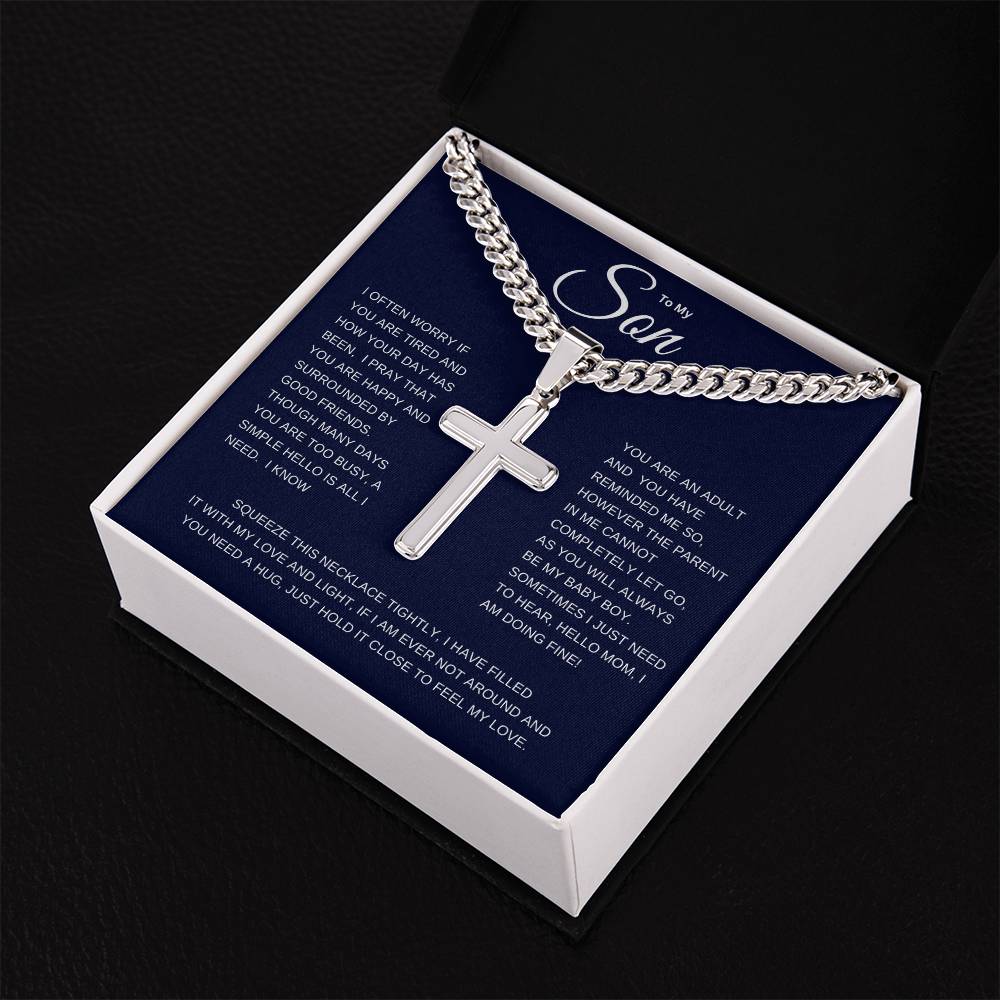 To My Son | I Often Worry Cuban Link Chain with Engraved Artisan Cross