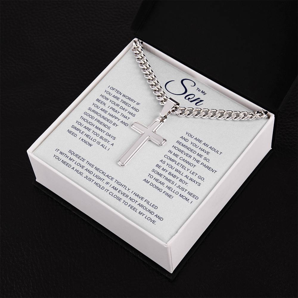 To My Son | I Often Worry Cuban Link Chain with Engraved Artisan Cross