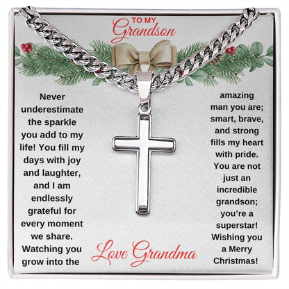 To My Grandson | Cuban Chain with Engraved Cross Necklace