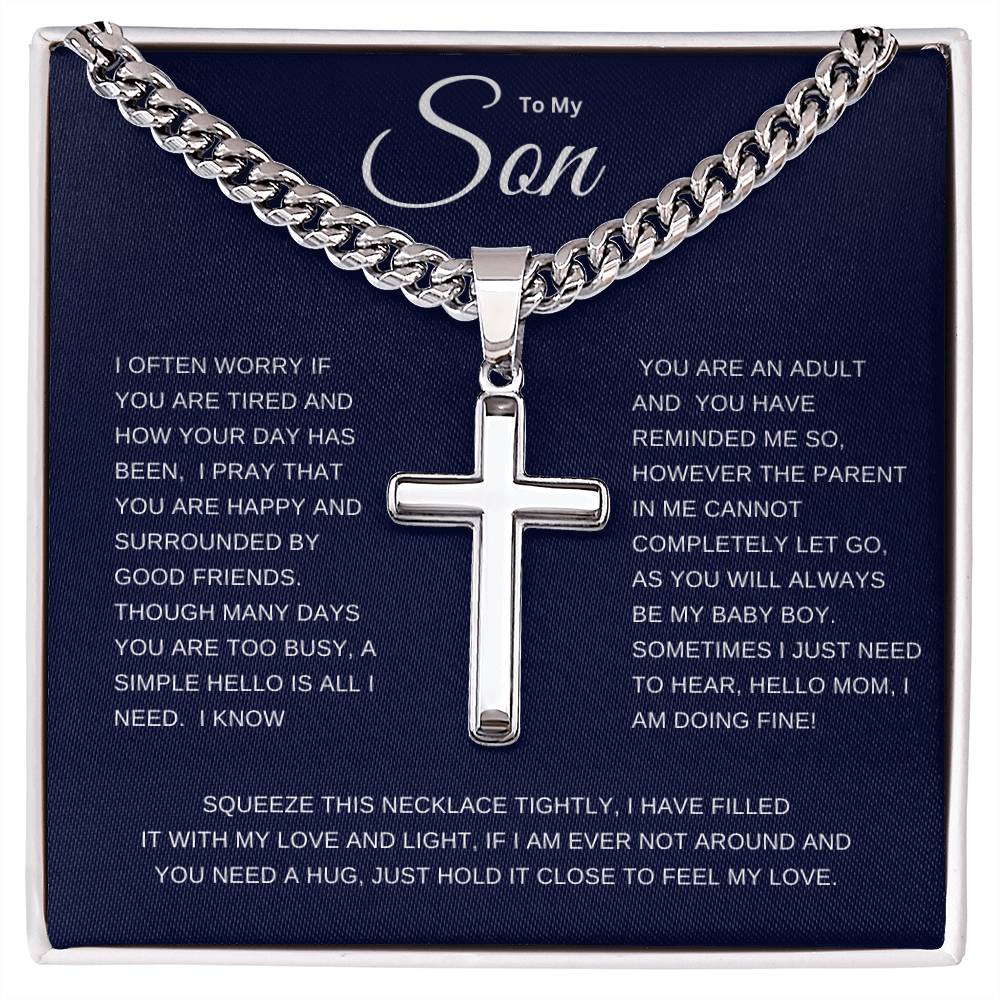 To My Son | I Often Worry Cuban Link Chain with Engraved Artisan Cross