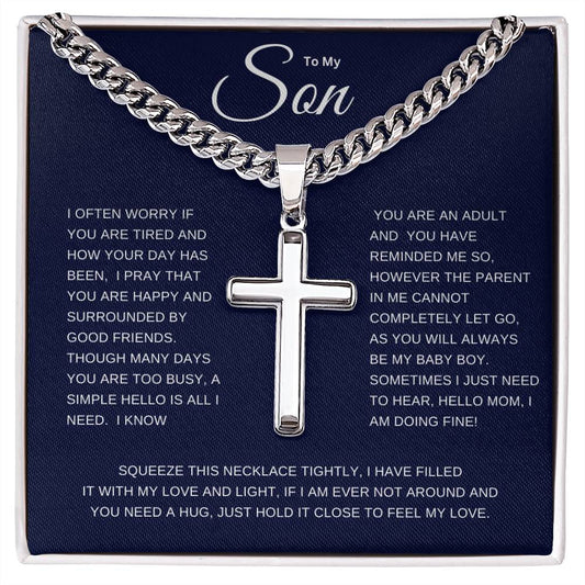 To My Son | I Often Worry Cuban Link Chain with Engraved Artisan Cross