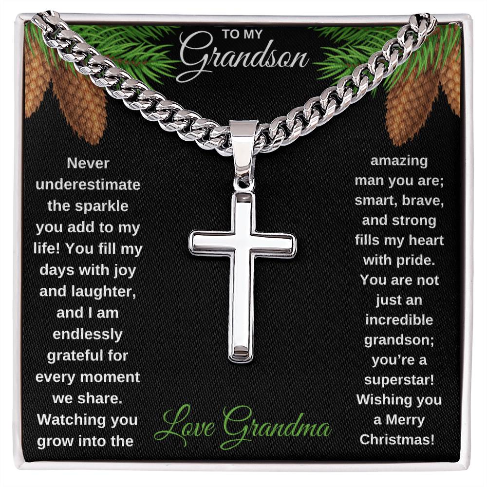 To My Grandson | The Sparkle you Add to my Life Cuban Chain with Engraved Cross Pendant Necklace