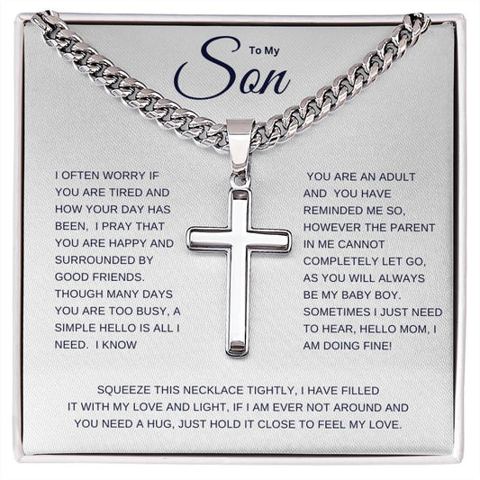 To My Son | I Often Worry Cuban Link Chain with Engraved Artisan Cross