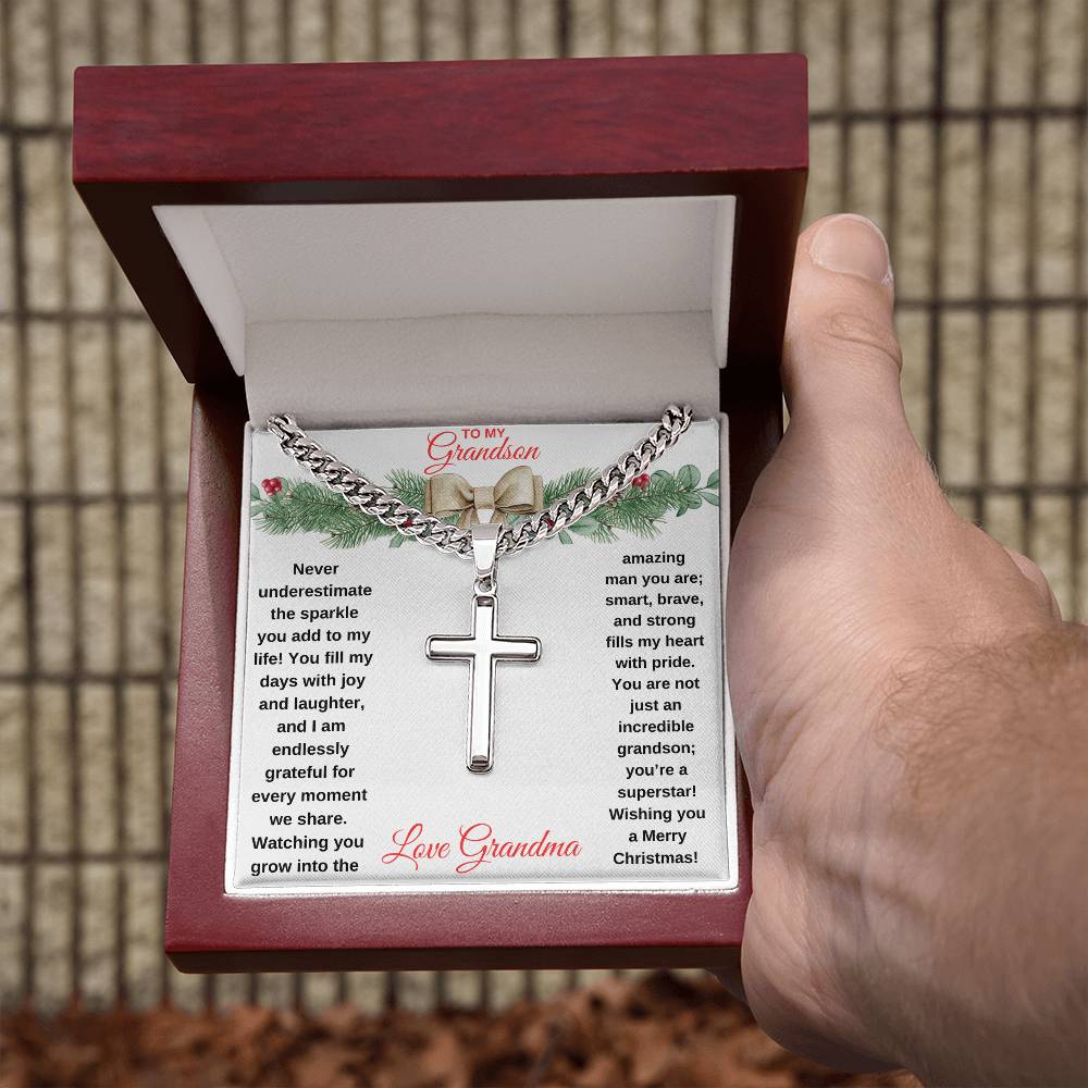 To My Grandson | Cuban Chain with Engraved Cross Necklace