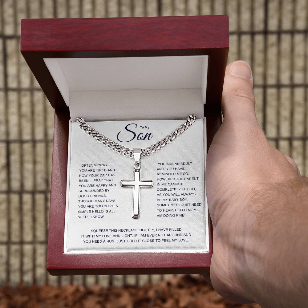 To My Son | I Often Worry Cuban Link Chain with Engraved Artisan Cross