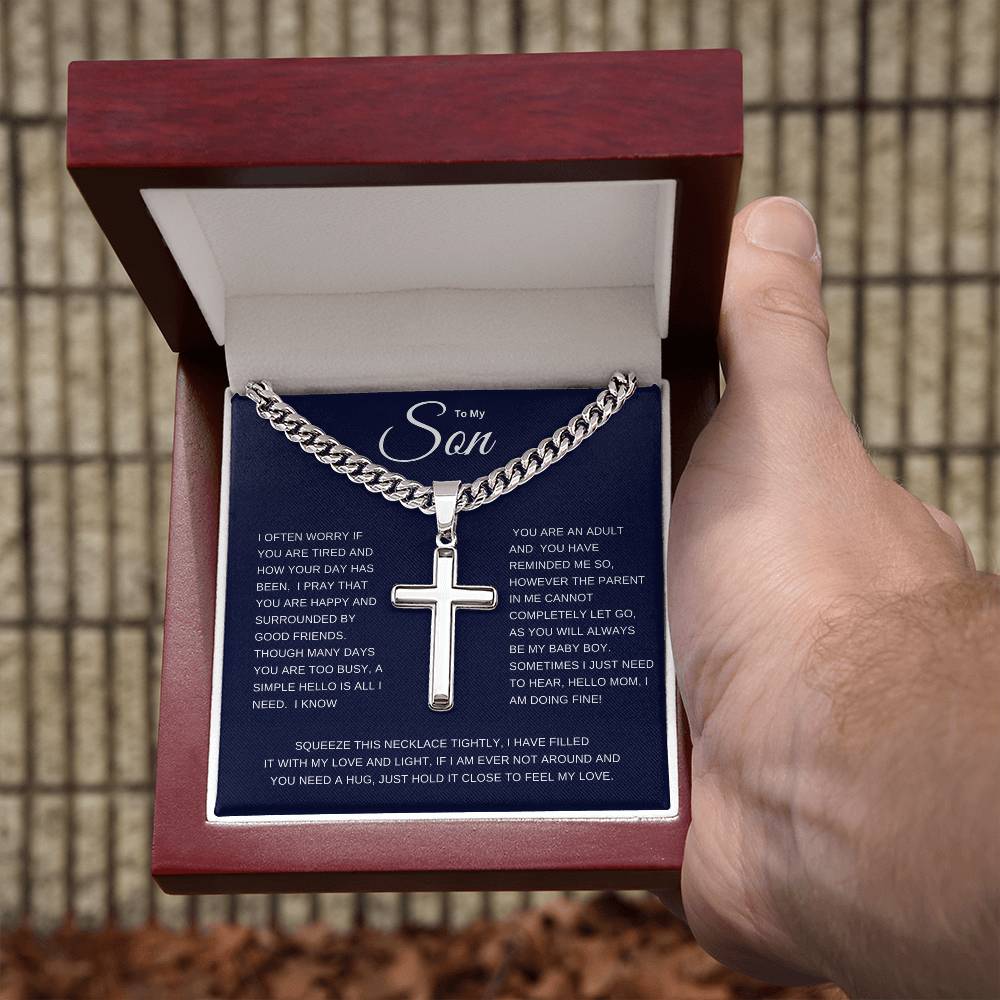 To My Son | I Often Worry Cuban Link Chain with Engraved Artisan Cross