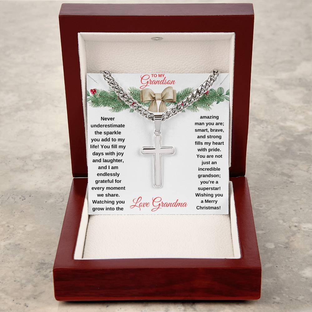 To My Grandson | Cuban Chain with Engraved Cross Necklace