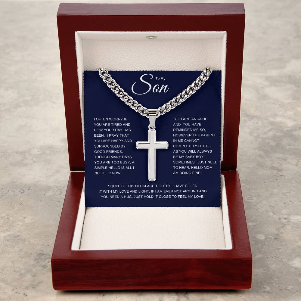 To My Son | I Often Worry Cuban Link Chain with Engraved Artisan Cross