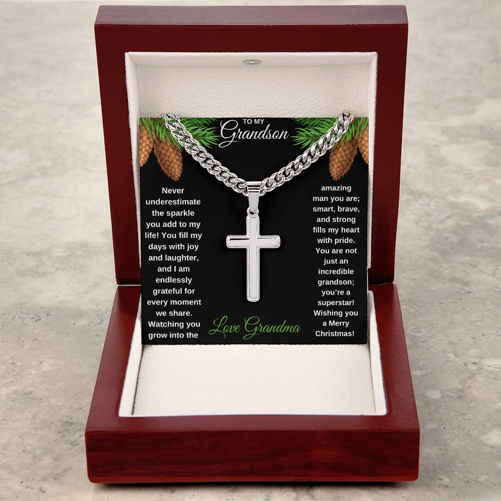 To My Grandson | The Sparkle you Add to my Life Cuban Chain with Engraved Cross Pendant Necklace