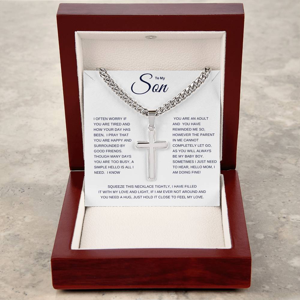 To My Son | I Often Worry Cuban Link Chain with Engraved Artisan Cross