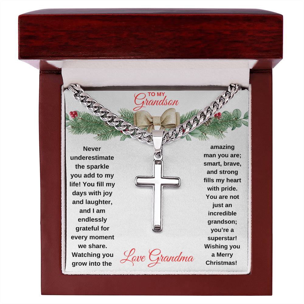 To My Grandson | Cuban Chain with Engraved Cross Necklace