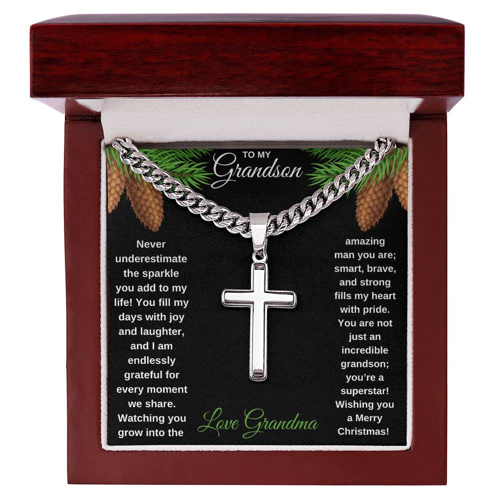 To My Grandson | The Sparkle you Add to my Life Cuban Chain with Engraved Cross Pendant Necklace