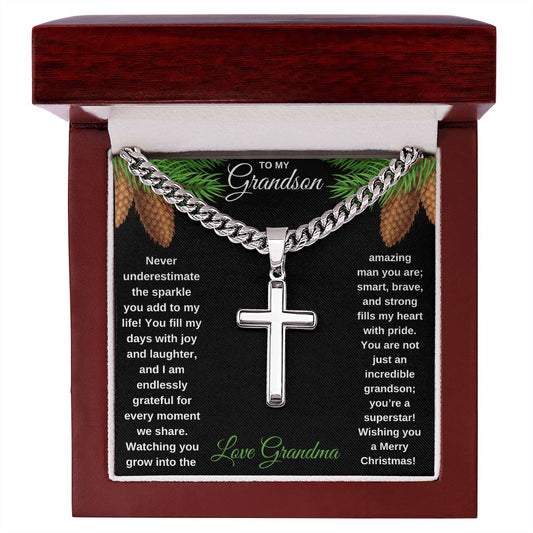 To My Grandson | The Sparkle you Add to my Life Cuban Chain with Engraved Cross Pendant Necklace