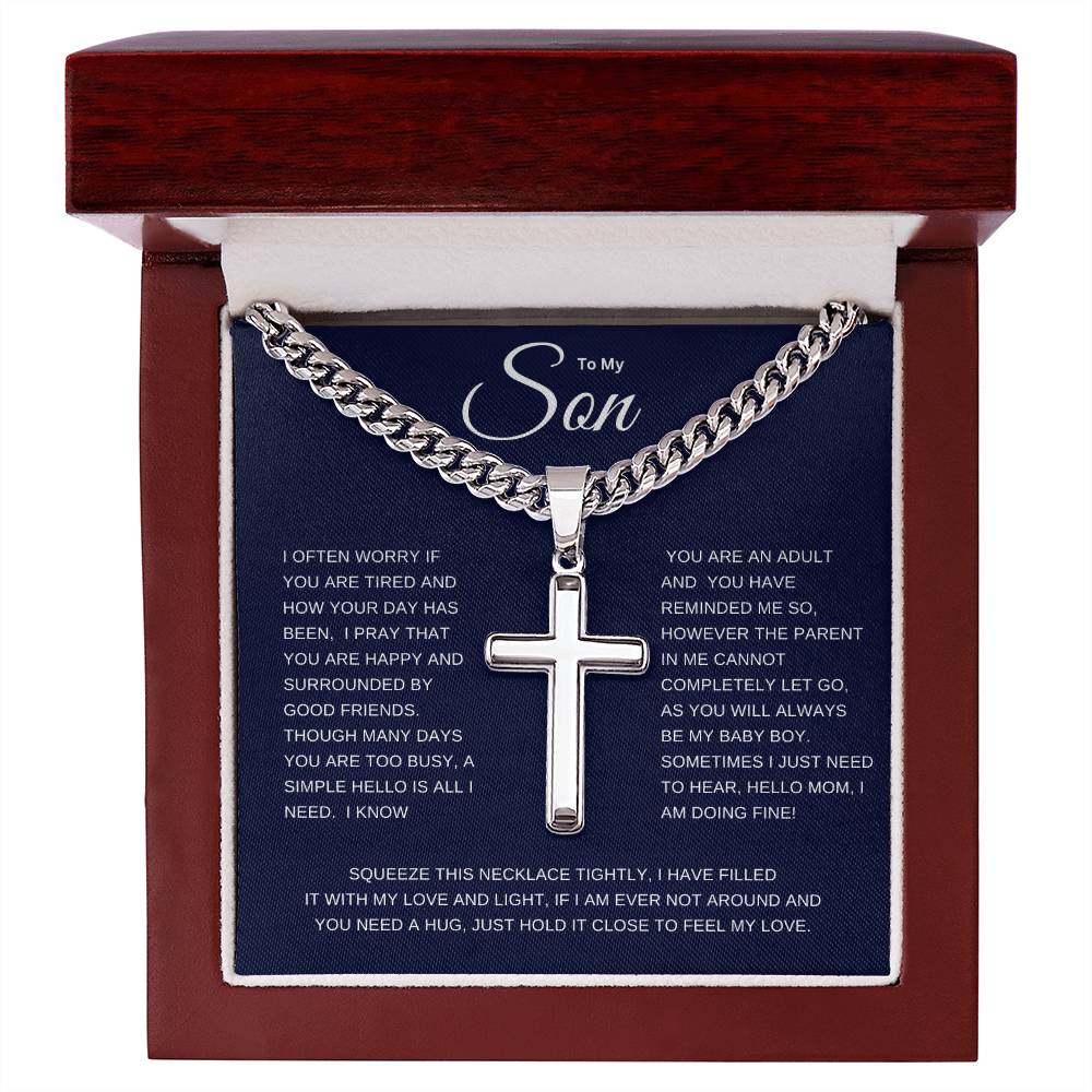 To My Son | I Often Worry Cuban Link Chain with Engraved Artisan Cross