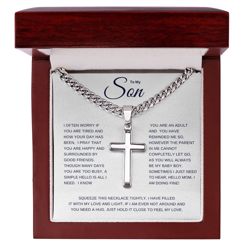 To My Son | I Often Worry Cuban Link Chain with Engraved Artisan Cross