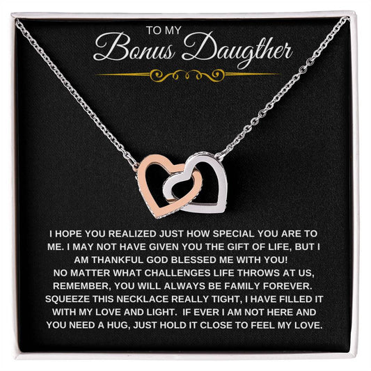 To My Bonus Daughter |  Just How Special You are Interlocking Hearts Necklace (Yellow or White Gold )