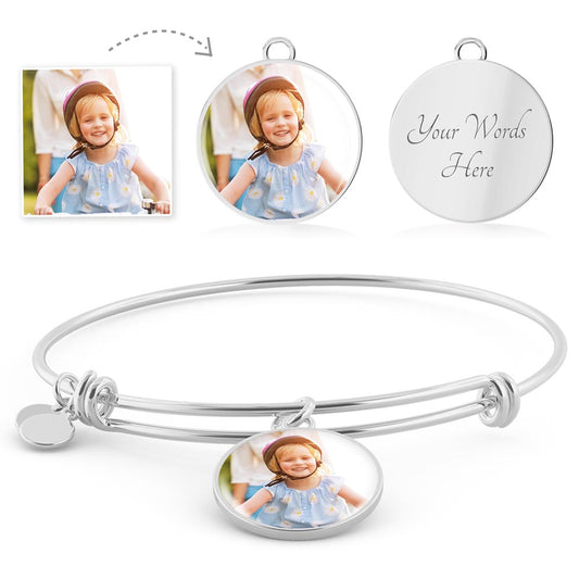 Custom Photo Bangle | Engravable Circle Pendant | Personalized Gift