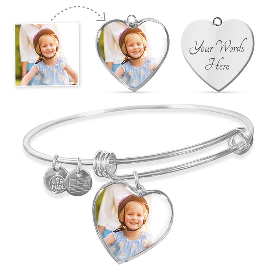 Custom Photo Bangle | Engravable Heart Pendant | Personalized Gift